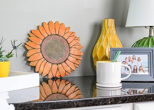 NAT & Jules Sunflower Shaped Dimensional Indoor Outdoor 12 inch Cast Resin Decorative Garden Stepping Stone, Patio, Walkway Sculpture Yard Art, Orange