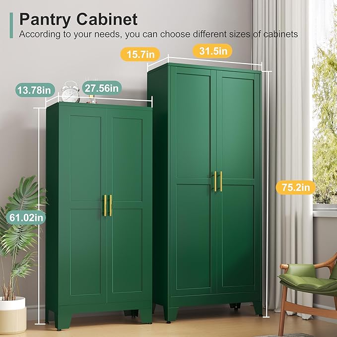 Metal Pantry Cabinet with 2 Doors and 5 Adjustable Shelves, 75" Kitchen Storage Cabinet with Gold Handles, Versatile Storage for Laundry, Living, Bathroom, Dining, Utility Room - Green