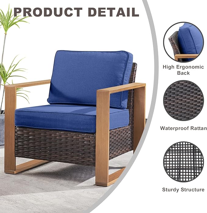 Outdoor Wicker Patio Furniture Set - 4 Piece Patio Conversation Set with 2 Wicker Armrest Chairs,2 Rattan Ottoman, Sturdy Frame, Thick Cushions, Deep Seating(Brown/Blue)