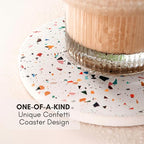 Terrazzo Drink Absorbent Coasters with Holder Set of 6, Ceramic Coaster for Drinks, Coffee Table Decor, Water Absorbing Stone Coaster for Drinks (Confetti)
