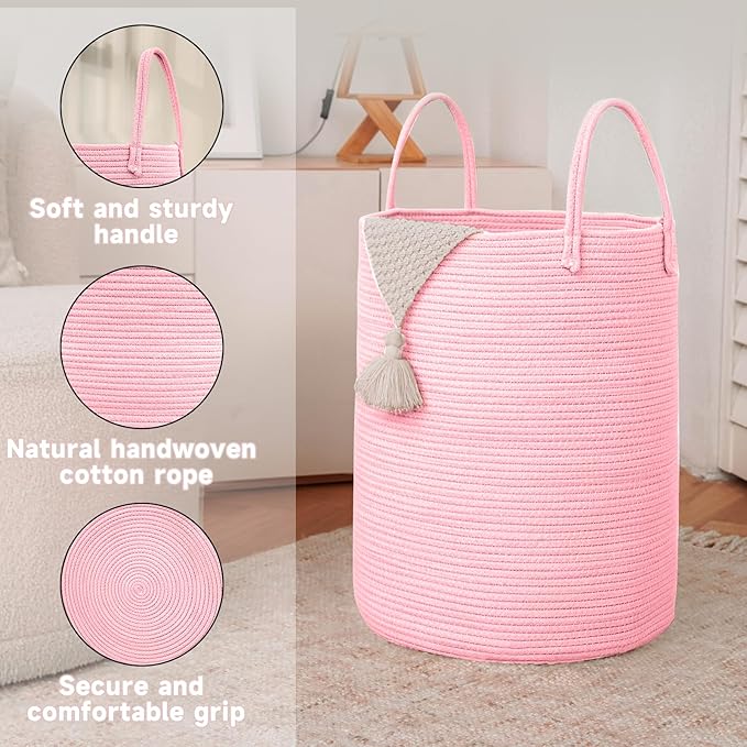 Large Woven Laundry Basket Hamper,60L Cotton Rope Storage Bin for Blankets,Toys and Clothes,Decorative Tall Nursery Hamper for Living Room,Baby Nursery,Bathroom and Bedroom,Pink