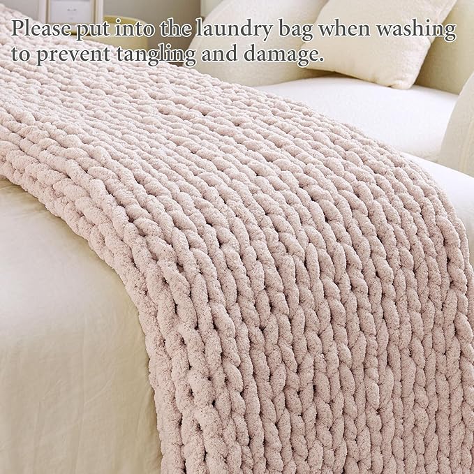 Admitrack Chunky Knit Blanket Throw, 100% Hand Knit Chenille Throw Blanket for Sofa & Home Decor, Soft and Cozy Knitted Throw Blankets (Pink，51"x63")