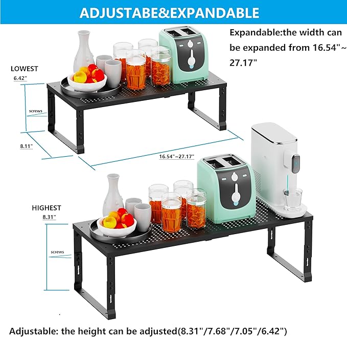 Expandable Spice Rack,Stackable Storage for Cabinet, Multi-Functional Kitchen Shelving,Height-Adjustable,Sustainable Organizer Solution(3Packs/Black/Medium)