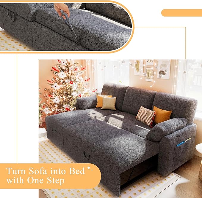 VanAcc Sofa Bed, Sleeper Sofa with Storage Chaise- 2 in 1 Pull Out Couch Living Room, Comfy Sleeper Couch, Grey Boucle