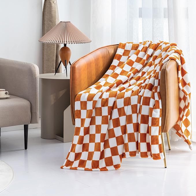 LOMAO Throw Blankets Flannel Blanket with Checkerboard Grid Pattern Soft Throw Blanket for Couch, Bed, Sofa Luxurious Warm and Cozy for All Seasons (Orange, 50"x60")