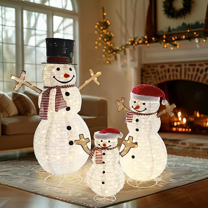 4FT Pop-Up Snowman Family, Pre-Lit Holiday Decoration Sign with 270 LED Lights, Customized Placement Holiday Display for Indoor, Outdoor