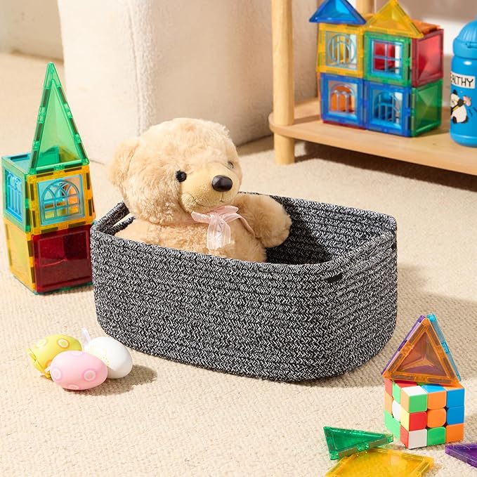 Small Storage Baskets for Organizing | Closet Organizer Bins | Shelf Toy Basket | Woven Rope Baskets | Cube Decorative Box | Shallow Basket | 13x8.5x5.1” | 3 Packs Dark Gray