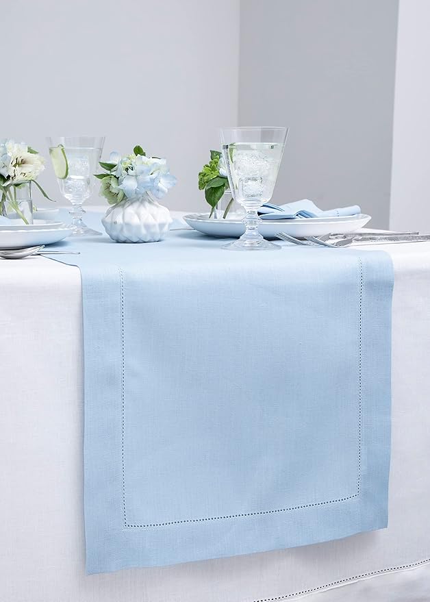 Solino Home Sky Blue Table Runner 90 Inches Long - 100% Pure Linen Hemstitch 14 x 90 Inch Table Runner for Dining - Classic Hemstitch