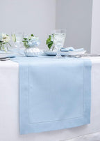 Solino Home Linen Sky Blue Table Runner 60 Inches - Classic Hemstitch, 100% Pure Linen Coffee Table Runner 14 x 60 Inch Ideal for Dresser Tables