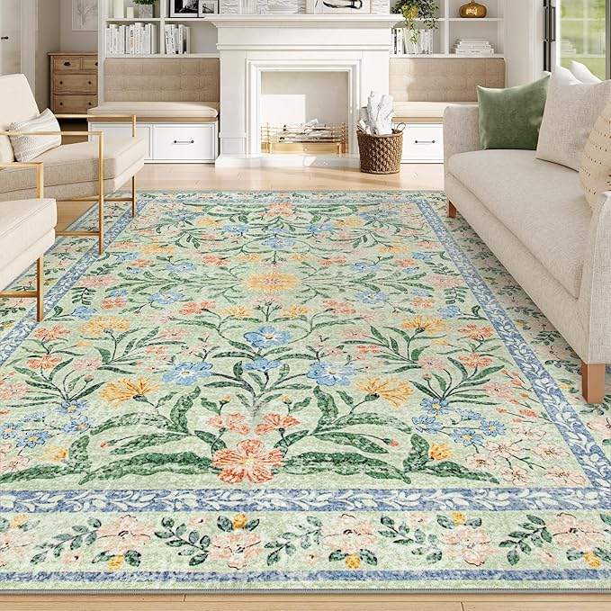 Wonnitar Machine Washable Area Rugs 9x12, Soft Sage Green Floral Rug for Living Room Bedroom, Ultra-Thin Large Foldable Boho Carpets for Playroom Classroom Dining Room