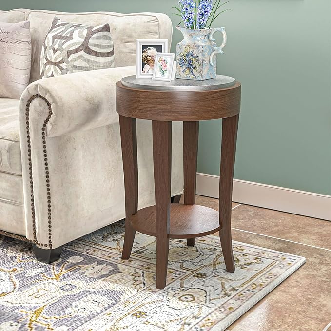 COSIEST Round End Table, 2-Tier Classic Brown Side Table, Farmhouse Wood Accent Table with Storage Shelf for Living Room, Bedroom, Office, Distressed Glaze Finish