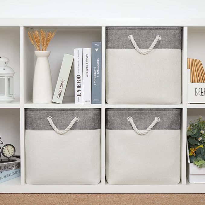Bidtakay Fabric White Baskets for Shelves Set of 3 Cube Storage Large Organizer Bins 13x13 Closet Storage Bins for Home Office Nursery Collapsible Storage Bins for Organization