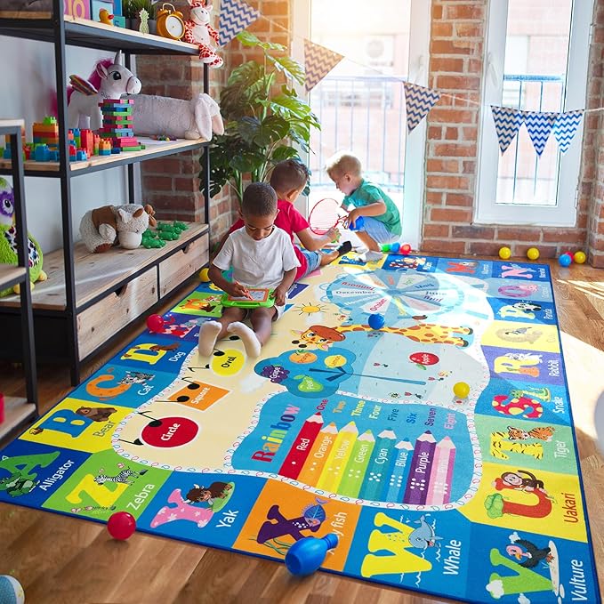 Kids Rugs for Playroom Washable, Educational and Fun Learning Rugs with ABC Alphabet Animals Shapes, Baby Toddler Children's Play Mat for Bedroom Classroom Nursery, 5x7 Feet, Blue