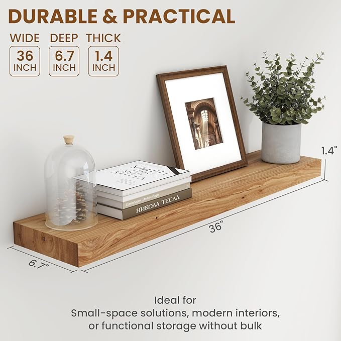 36 Inch Floating Shelves for Wall, Rustic Elm Wood Shelf for Home Decor, Heavy-Duty Wooden Floating Shelves for Kitchen, Wall Mounted Storage Shelves for Bathtoom, Living Room, Natural Color, Set of 2