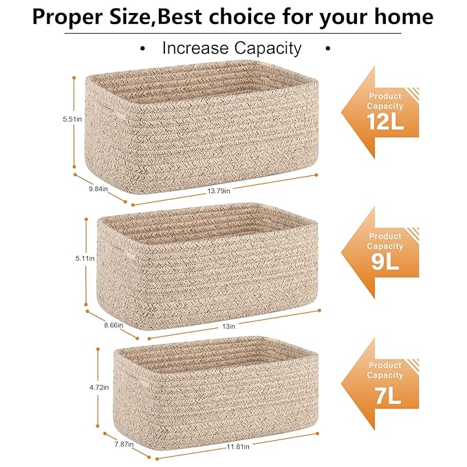 4 Pack Small Storage Shelf Baskets for Organizing, Mini Woven Rope Storage Bins for Towels, Cute Decorative Closet Organizer，Baby Nursery, Gift Empty Baskets -13.78''Lx9.84''Wx5.51''H-Brown