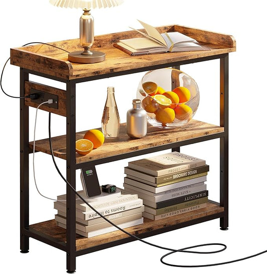 IRONCK Console Table, Sofa Table with Power Outlet, Farmhouse Hallway Table for Entryway, Living Room, Height Adjustable, Easy Assembly, Rustic Brown,32"