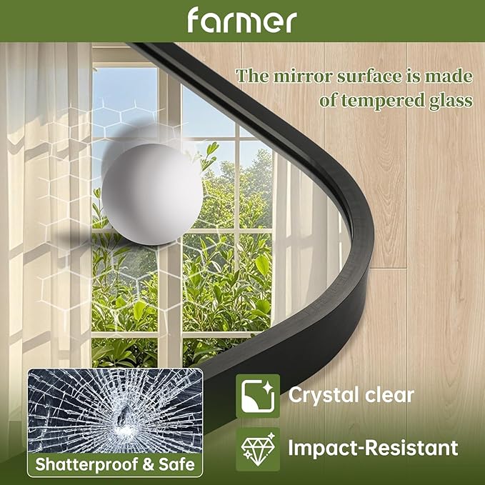 FARMER 20x28 Inch Black Bathroom Mirror, Rectangle Vanity Mirror, Brushed Mirrors for Wall, Metal Frame Hanging Mirror with Round Corner for Bedrooms, Entryways, Living Rooms, Horizontal/Vertical