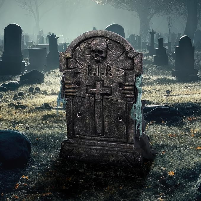 Haunted Hill Farm Tombstone Lifter by Tekky, Battery-Operated, Sound Activated Animatronic Zombie with Sound Effects and Lights for Indoor or Covered Outdoor Creepy Halloween Decoration
