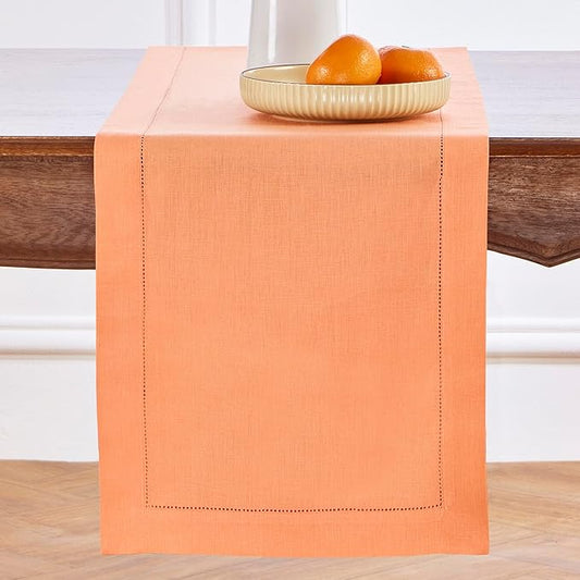 Solino Home Linen Coral Table Runner 120 Inches Long - 100% Pure Linen Hemstitch 14 x 120 Inch Table Runner for Dining - Classic Hemstitch