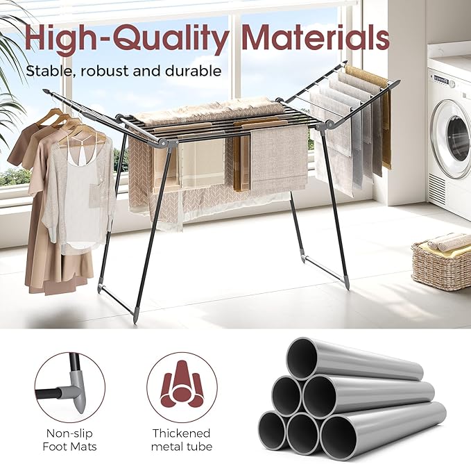 APEXCHASER Clothes Drying Rack Foldable, Large Drying Rack Clothing, Winged Laundry Rack Folding Indoor Outdoor, Metal Clothes Airer for Bedding Towel Sweater Heavy Duty, 68.9" X 23.6" X 41.3", Black