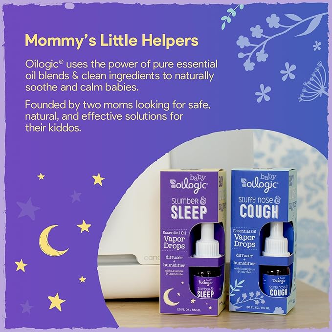 Oilogic Baby Essential Oil Vapor Drops for Diffuse & Humidifier, 2-Pack Set with Stuffy Nose & Cough + Slumber & Sleep - Baby Aromatherapy Oil is Safe for Babies, Kids & Toddlers