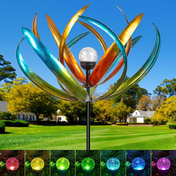 Large Solar Wind Spinners for Yard and Garden-82.6 Inch 360° Metal Wind Sculptures Outdoor Clearance Kinetic Windmills with Multi Color Led Glass Ball