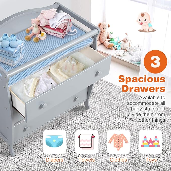 Costzon 3-Drawer Changing Table, Infant Diaper Changing Station with Drawers, Safety Rails & Strap, Baby Changing Table Dresser for Nursery, Easy Assembly (Gray)
