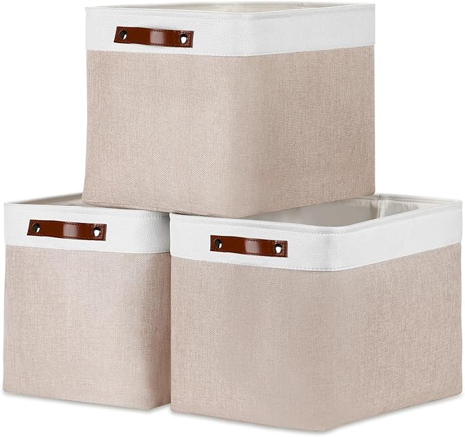 DULLEMELO Fabric Storage Bins, Lining Fabric Baskets For Gifts, Large Storage Baskets for Toys Books Clothes Storage, Foldable Storage Basket for Office Home Shelves Closets Organizing(White&Khaki)