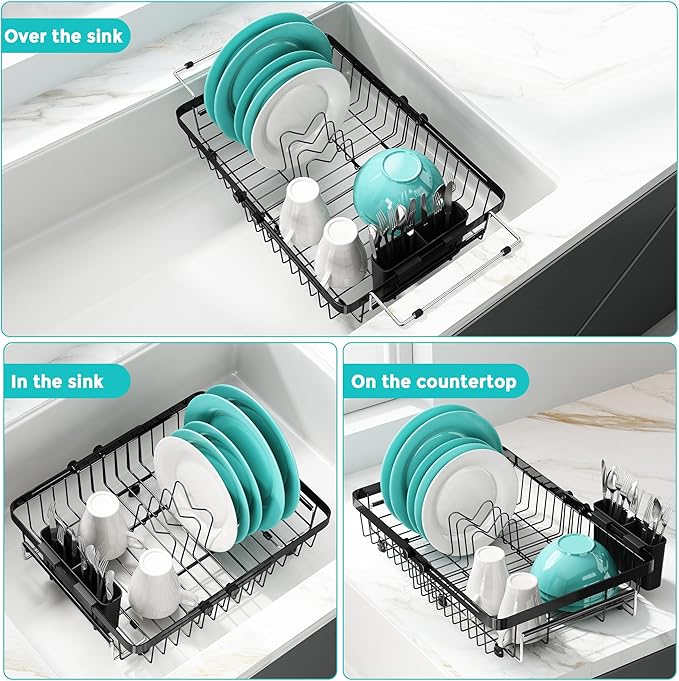 MAJALiS Dish Drying Rack in Sink -Expandable Stainless Steel Over Sink Dish Rack (11.3''-17''), Adjustable Capacity Dish Strainers for Kitchen Sink Counter with Utensil Holder, Black