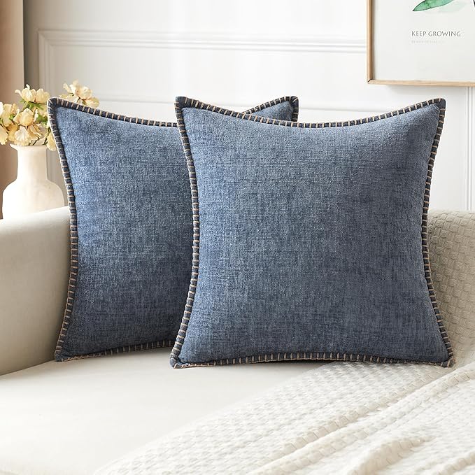 MIULEE Pack of 2 Couch Throw Pillow Covers 18x18 Inch Dark Grey Blue Farmhouse Decorative Pillow Covers with Stitched Edge Soft Chenille Solid Dyed Spring Pillow Covers for Sofa Bed Living Room