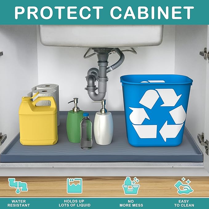 URMONA Waterproof Silicone Under Sink Mat 37'' x 22'' Shelf Liner for Kitchen and Bathroom, Cabinet and Counter Protector, Storage and Organizers, Litter Mat, Pet Cat Puppy Essentials(Light Grey)