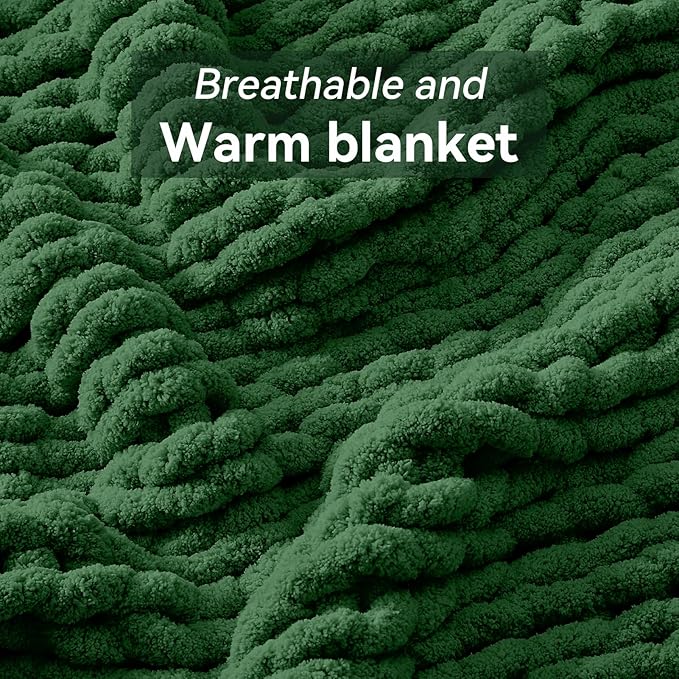 Chunky Knit Throw Blanket, 60''*80'' Knitted Throw Chenille Yarn for Bed Couch, Handmade Grass Green Crochet Big Thick Blanket, Machine Washable Cute Comfy Blanket for Home Decor