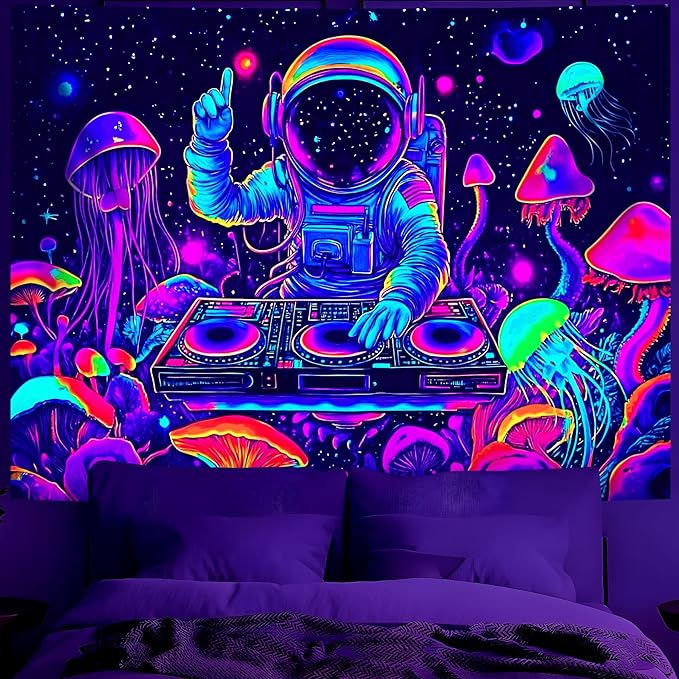 BVBOX Astronaut Space Blacklight Tapestry 79"x59", UV Reactive Astronaut DJ Universe Galaxy Planet Glow in Dark Music Tapestries, Black Light Neon Upright Poster Wall Hanging Backdrop Decor for Bedroom Living Room