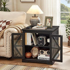 24" End Table Set of 2 with Charging Station, Farmhouse Night Stand with Glass Barn Door, Nightstands with Adjustable Storage Shelf, Large Wood Square Bed Side Table for Living Room,Bedroom