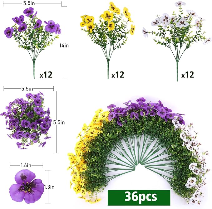 Artificial Fake Pansy Flowers for Outdoor, 36 Bundles Faux Silk Pansies Spring Flowers for Outside for Planter Front Door Porch Yard Patio Window Box Home Decor (36, Purple, Yellow, White)