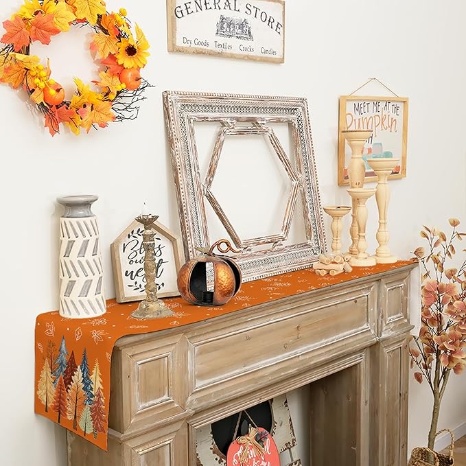 GEEORY Fall Watercolor Trees & Maple Leaves Table Runner 13x48 Inch, Rustic Farmhouse Autumn Thanksgiving Decor for Kitchen, Dining, Indoor/Outdoor Holiday Dinner Party Orange GT158-48