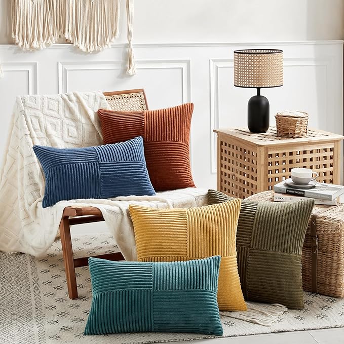 Fancy Homi 2 Packs Olive Green Lumbar Decorative Throw Pillow Covers 14x24 Inch for Couch Bed, Farmhouse Boho Home Decor, Soft Striped Corduroy Rectangle Accent Cushion Case 35x60 cm