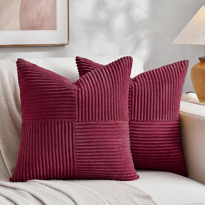 Fancy Homi 2 Packs Burgundy Red Decorative Throw Pillow Covers 18x18 Inch for Living Room Couch Sofa, Boho Farmhouse Home Decor, Soft Corss Corduroy Patchwork Textured Square Cushion Case 45x45 cm