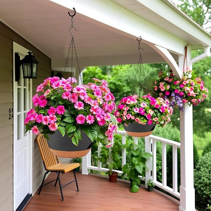 2 Pack 12 Inch Large Hanging Planters with Chains Self Watering Black Brown Plastic Hanging Pots for Indoor Outdoor Plants, Garden Porch Home Decor，Black Brown
