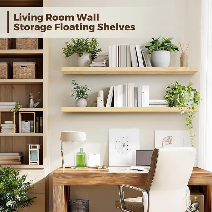 Floating Wall Shelves 2-Pack - 36-Inch Rustic Wooden Shelves for Storage and Décor, Easy Installation for Living Room, Bedroom, and Kitchen