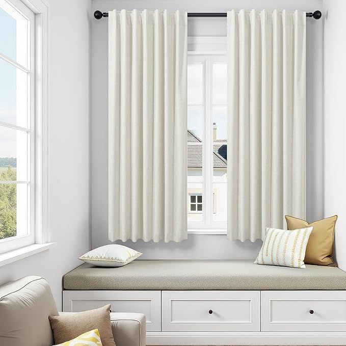 DANCURTON 100% Blackout Linen Curtains 45 Inches Long 2 Panel Short Length Kitchen Curtain for Small Window Treatment Basement Cafe Thermal Insulated Energy Efficient Drapes for Bedroom Bathroom Cream