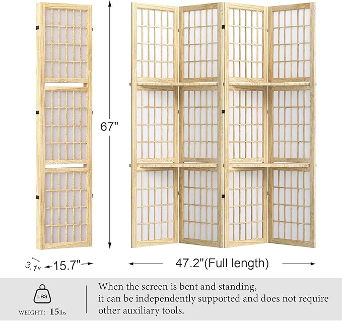 5.6FT Room Divider and Folding Portable Partition Screen, Chinese Japanese Shoji Style with Three Display Shelves for Room Separation - 4 Panel (Natural)