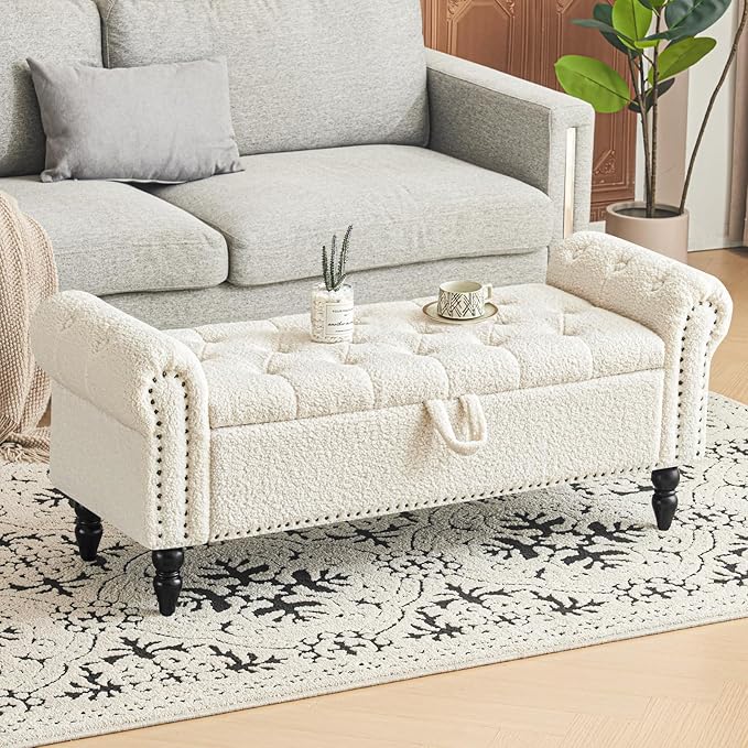 Furniliving Modern Storage Ottoman Bench, Sherpa Ottoman End of Bed Bench with Solid Wood Legs Upholstered Ottoman Benches with Storage Indoor Bench for Living Room with Rolled Arm, Entryway, White