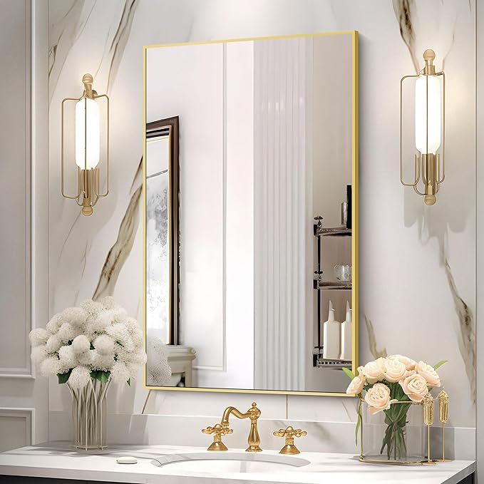 Gold Bathroom Mirror for Wall, 30x48 Inch Rectangle Mirrors with Metal Frame, Modern Vanity Wall Mirror Decor for Bathroom Living Room, Entryway Hangs Horizontal or Vertical