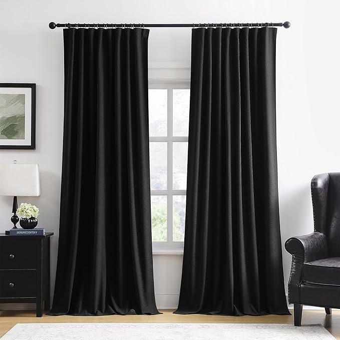 RAIN CITY Black Blackout Curtains 100 Inches Long, Custom Made Textured Linen Black Out Pleated Look Curtains with Hooks Window Drapes for Bedroom Living Room-50x100-inch 2 Panels Set