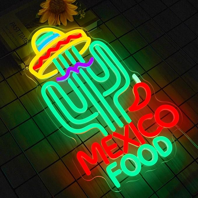 Mexican Food Neon Sign Cactus Neon Lights Dimable Colorful LED Mexican Art Lights Wall Decor for Mexican Restaurants Bars Food Trucks Unique Gift for Taco Enthusiasts Fiesta Parties (15×9.1inch)