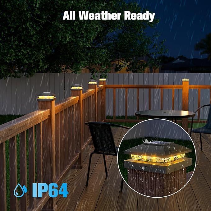 VOLISUN 4x4 Solar Post Cap Light 8pack,Solar Fence - Cap Lights Outdoor Waterproof for Wooden/Vinyl Post,Black Deck Post Cap Light Solar Powered with Warm White for Garden/Patio/Porch