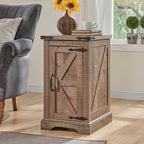 JXQTLINGMU Nightstand with Charging Station, Rectangular Farmhouse End Table with Barn Door and Adjustable Storage Shelf, 17" Deep Wood Rustic Sofa Side Table for Living Room, Bedroom, Light Brown