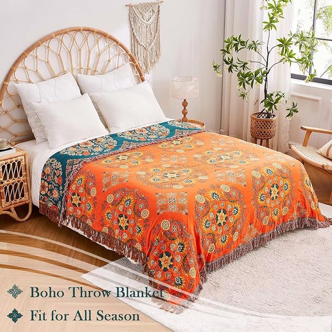Boho Throw Blanket, 100% Cotton Ultra Soft Luxury Throw Rustic Quilt, 80"x90" Floral Printed Farmhouse Decor Bed Summer Blankets, All Season Rustic Reversible Bohemian Throw for Bed - Orange