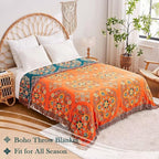 Boho Throw Blanket, 100% Cotton Ultra Soft Luxury Throw Rustic Quilt, 90"x98" Floral Printed Farmhouse Decor Bed Summer Blankets, All Season Rustic Reversible Bohemian Throw for Bed - Orange